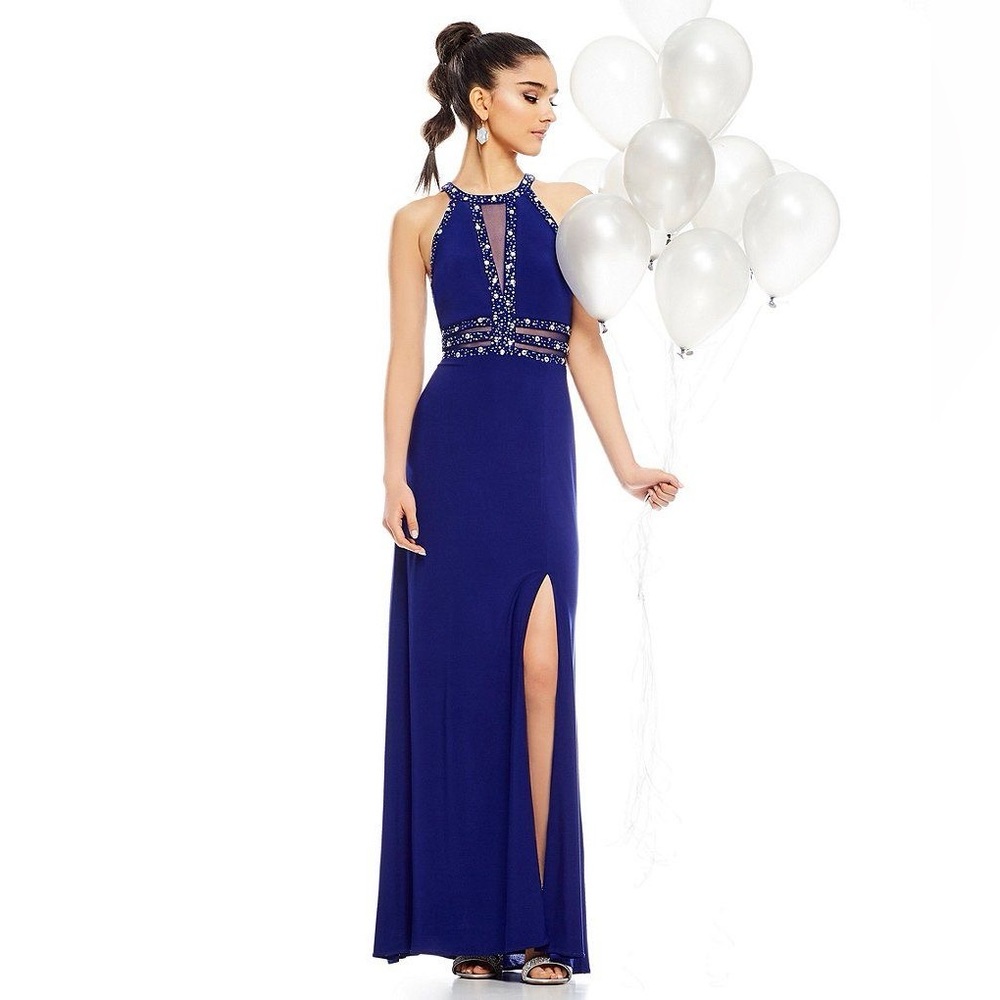 Royal Rhinestone Blue Halter Formal Evening Gown